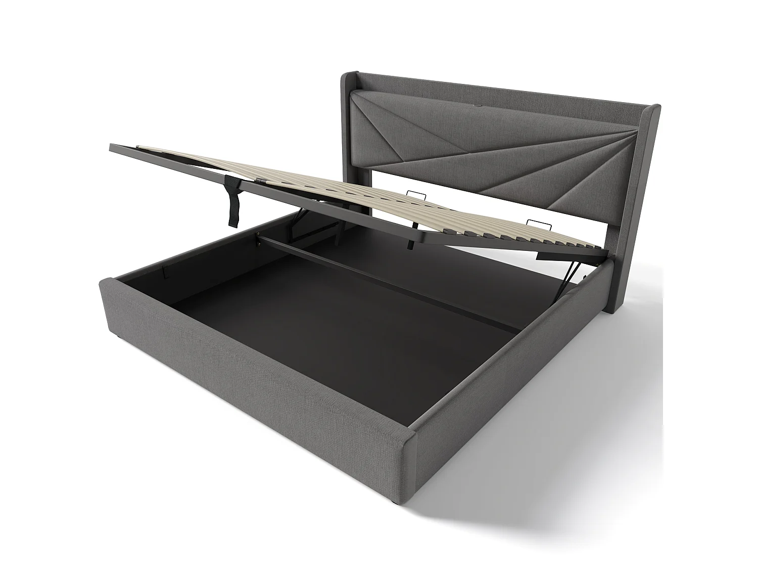 Lit 140x200 cm, Tête de Lit avec USB Type C, Rangement Hydraulique, Lin, Sommier à Lattes Inclus, Sans Matelas, Gris