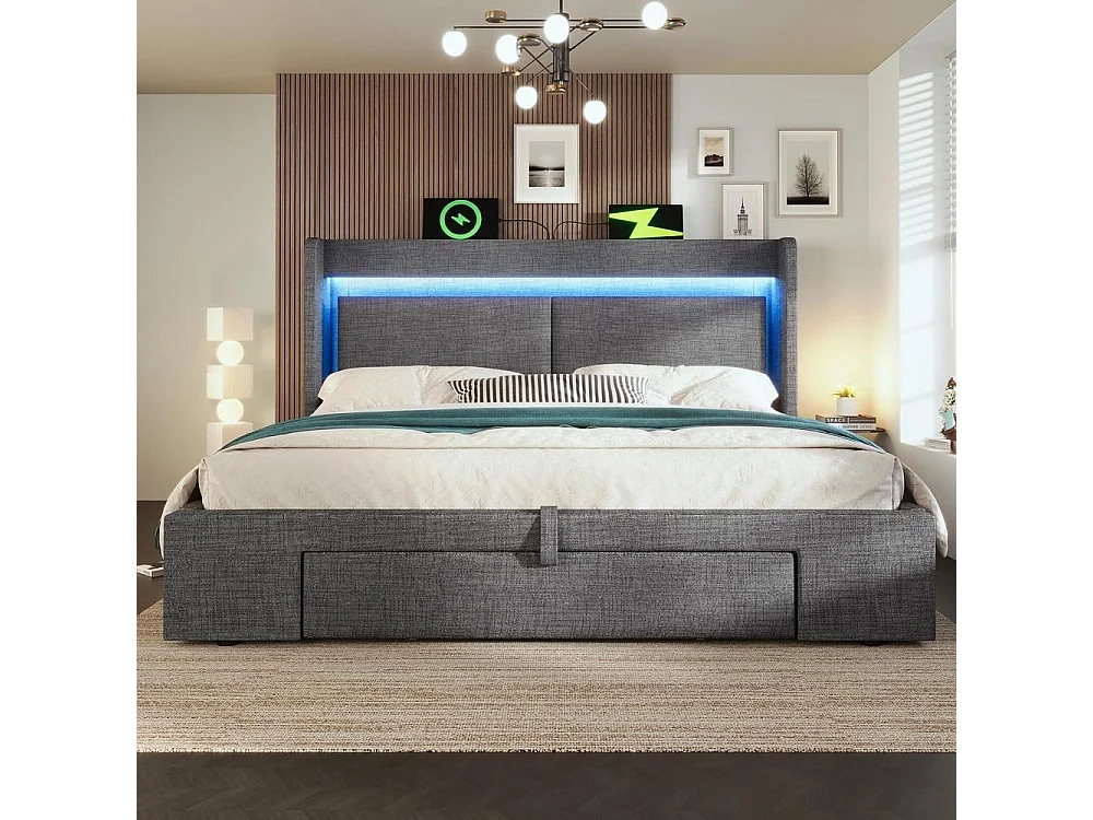 Lit Double 180x200 cm, Lin, LED Tête, Télécommande, USB Type C, Hydraulique, Rangement, Lattes, Sans Matelas, Grey
