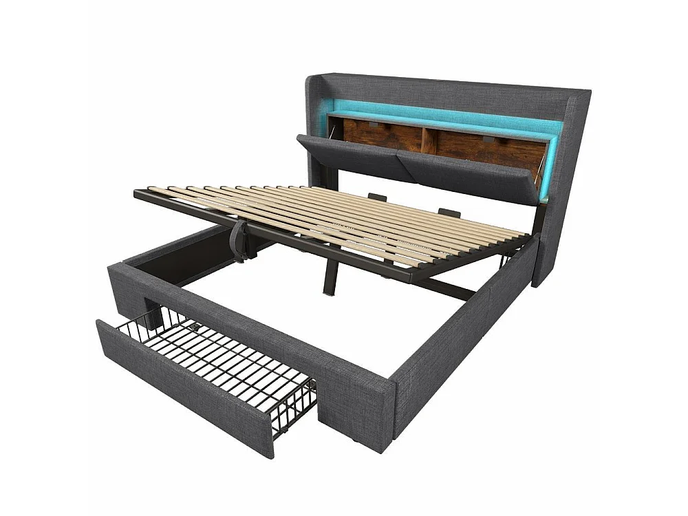 Lit Double 180x200 cm, Lin, LED Tête, Télécommande, USB Type C, Hydraulique, Rangement, Lattes, Sans Matelas, Grey