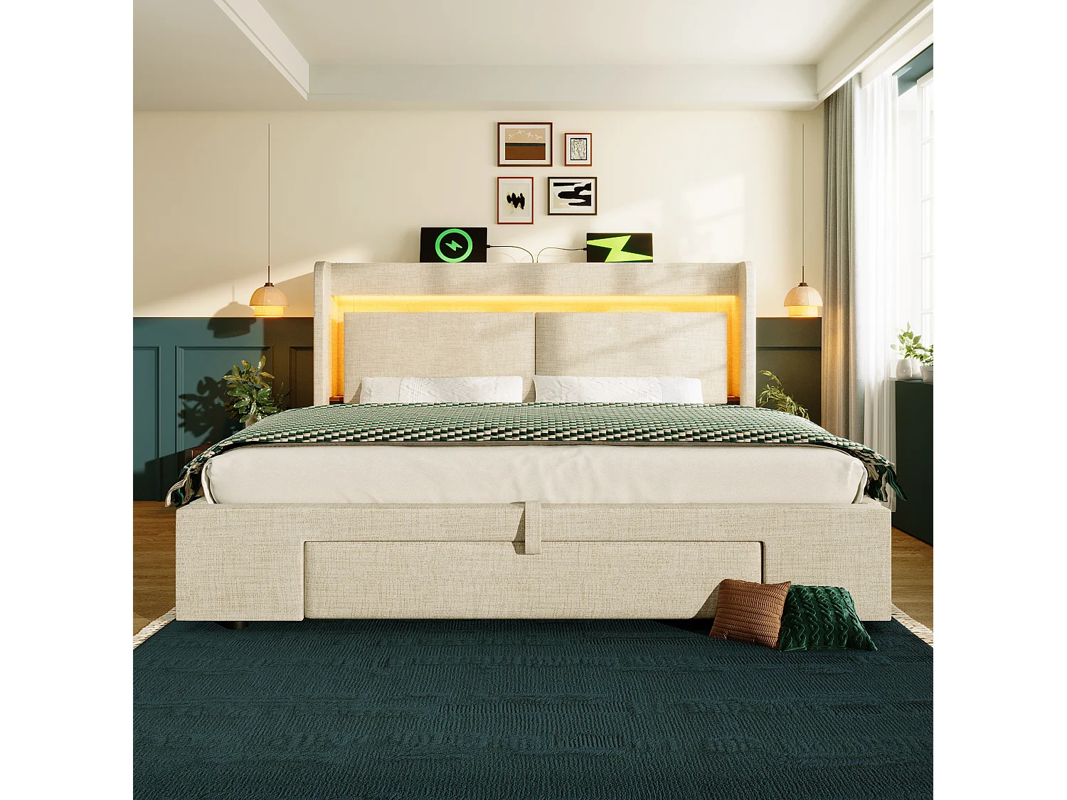 Lit Double 140x200cm Lin, Têtière LED 16 Couleurs+USB+USB-C,Rangement Hydraulique+Coffre, Cadre Fer-Bois, Sans Matelas, Beige