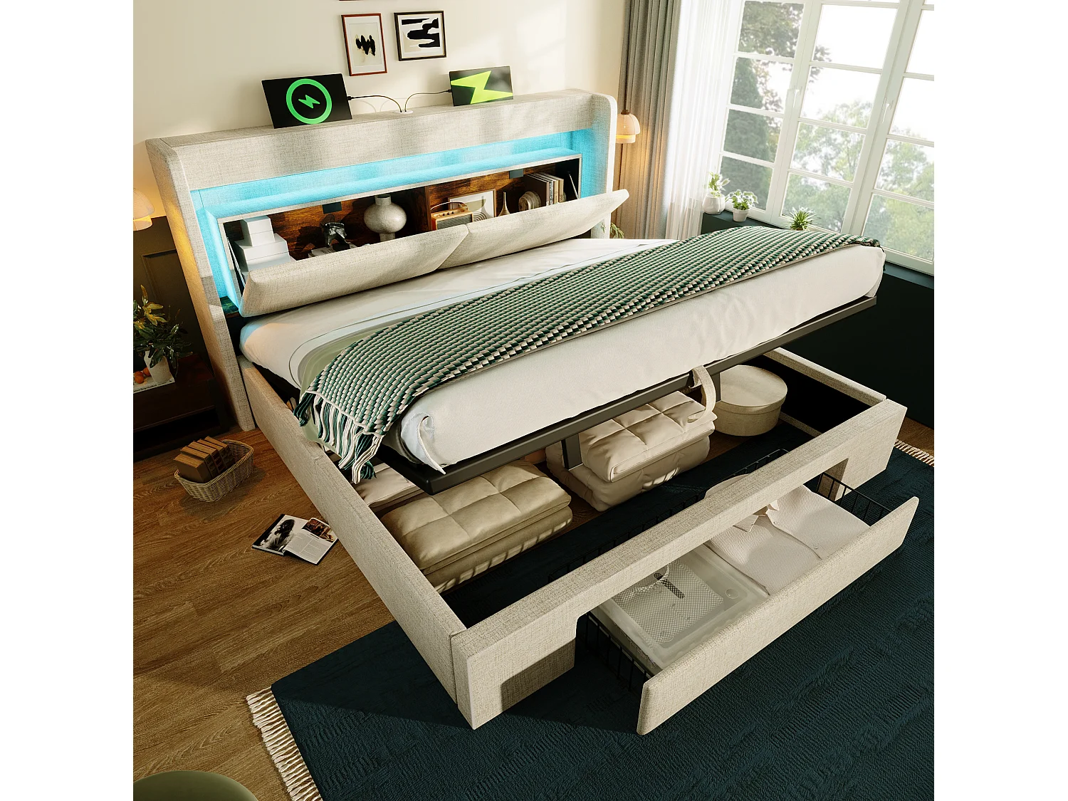 Lit Double 140x200cm Lin, Têtière LED 16 Couleurs+USB+USB-C,Rangement Hydraulique+Coffre, Cadre Fer-Bois, Sans Matelas, Beige