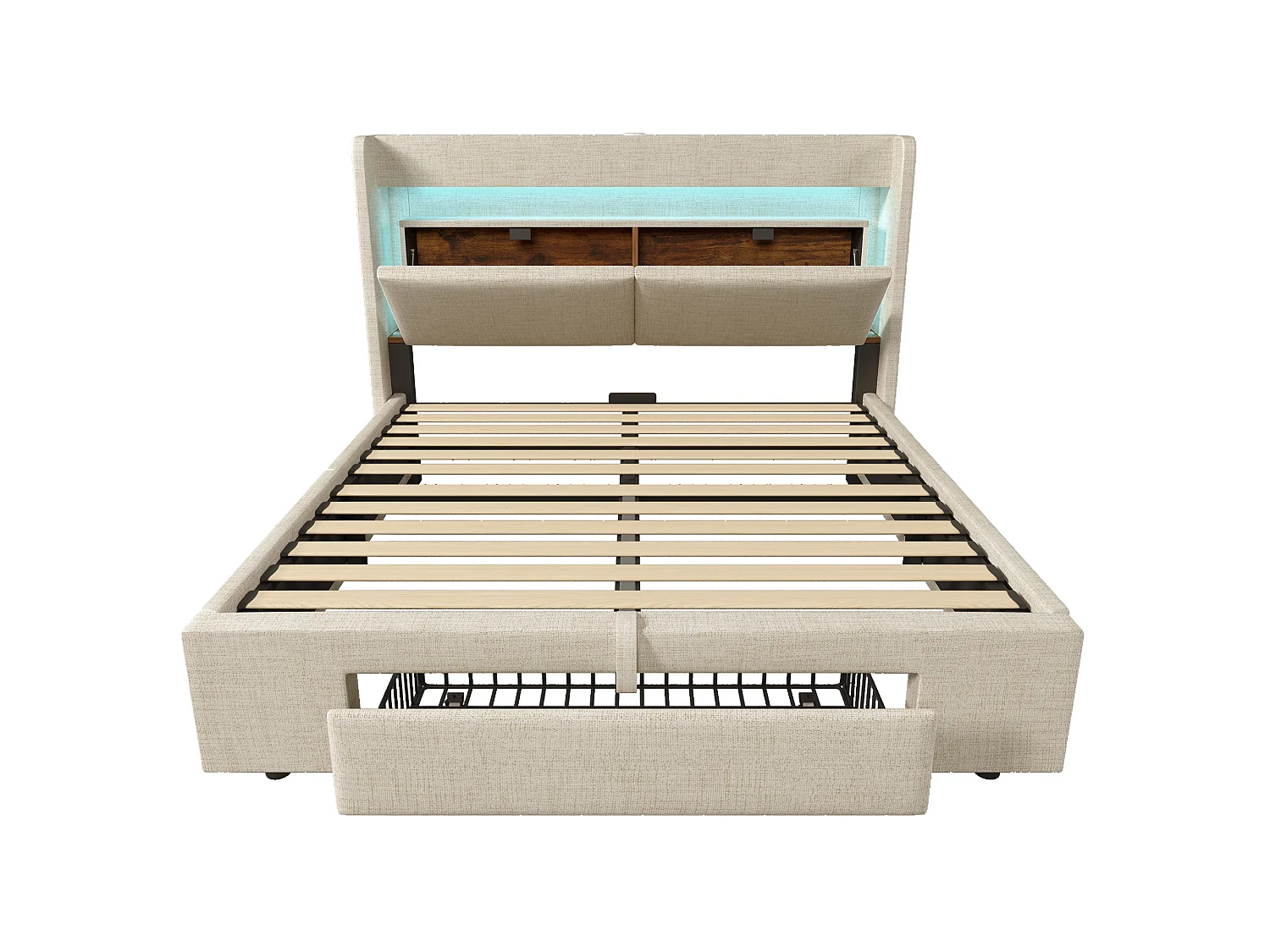 Lit Double 140x200cm Lin, Têtière LED 16 Couleurs+USB+USB-C,Rangement Hydraulique+Coffre, Cadre Fer-Bois, Sans Matelas, Beige