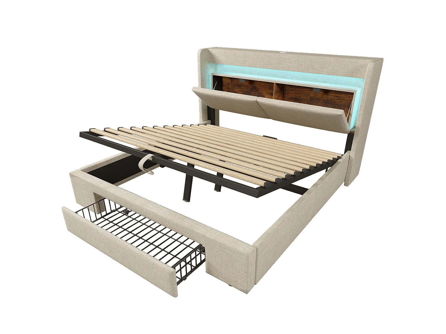 Lit Double 140x200cm Lin, Têtière LED 16 Couleurs+USB+USB-C,Rangement Hydraulique+Coffre, Cadre Fer-Bois, Sans Matelas, Beige