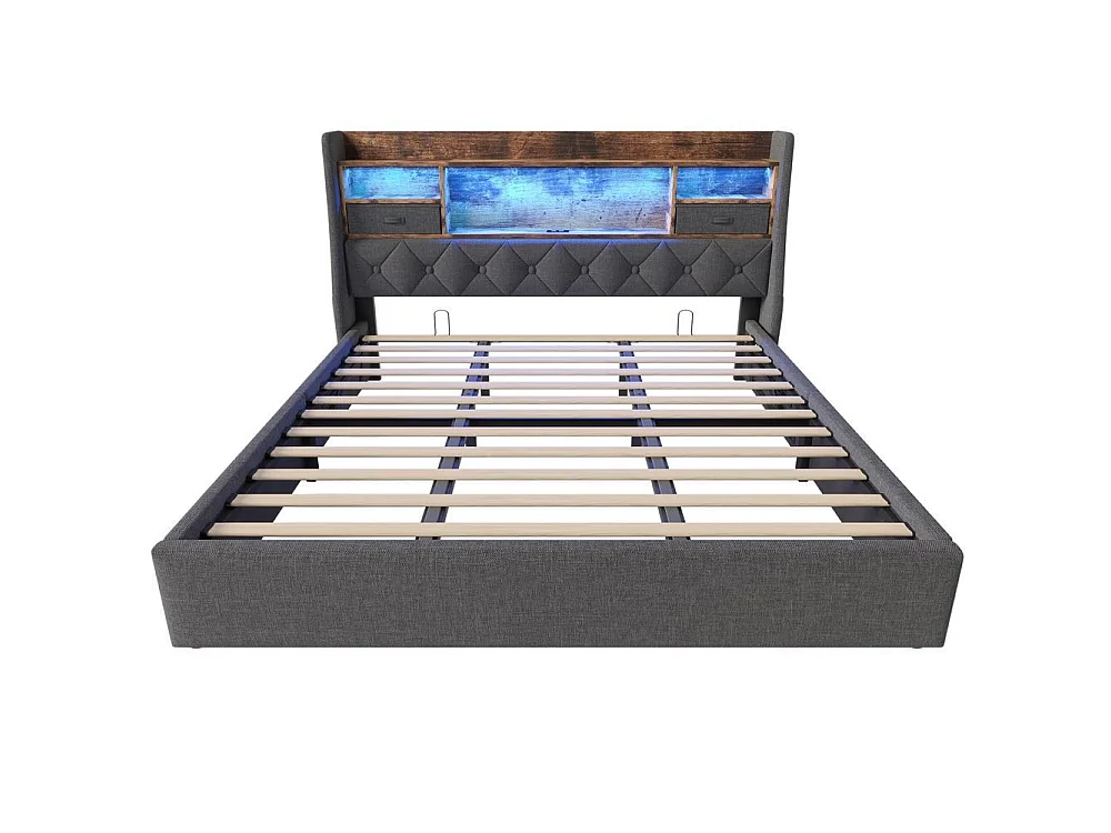 Lit Double 180x200 cm, Lin, LED Tête, APP, Télécommande, USB Type C, Hydraulique, Rangement, Lattes, Sans Matelas, Gris
