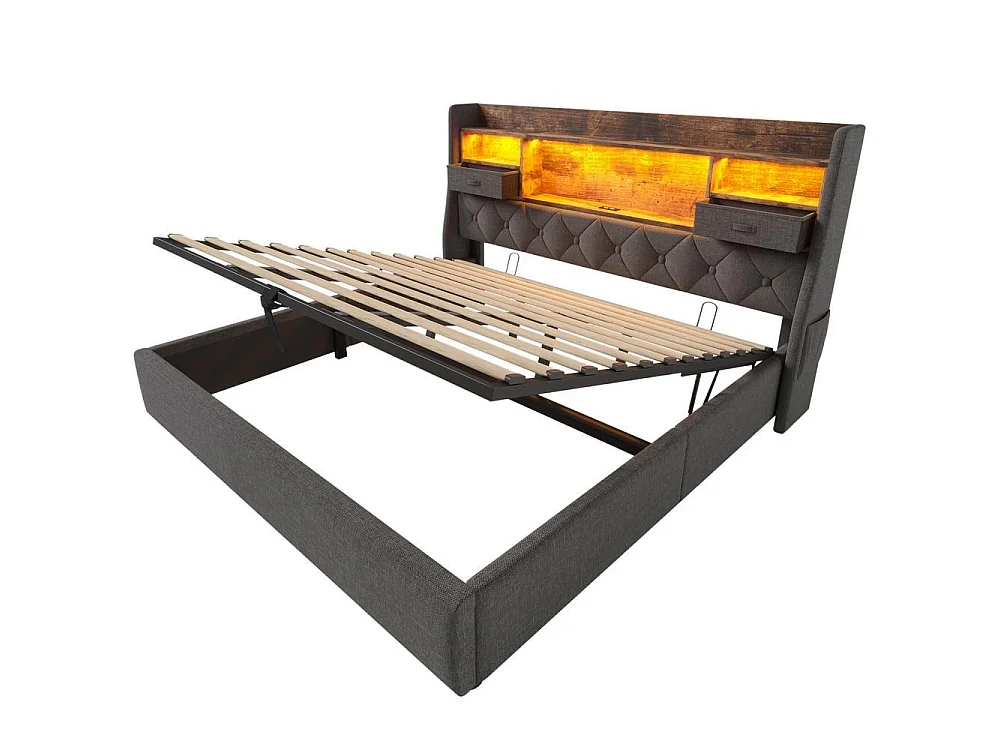 Lit Double 180x200 cm, Lin, LED Tête, APP, Télécommande, USB Type C, Hydraulique, Rangement, Lattes, Sans Matelas, Gris