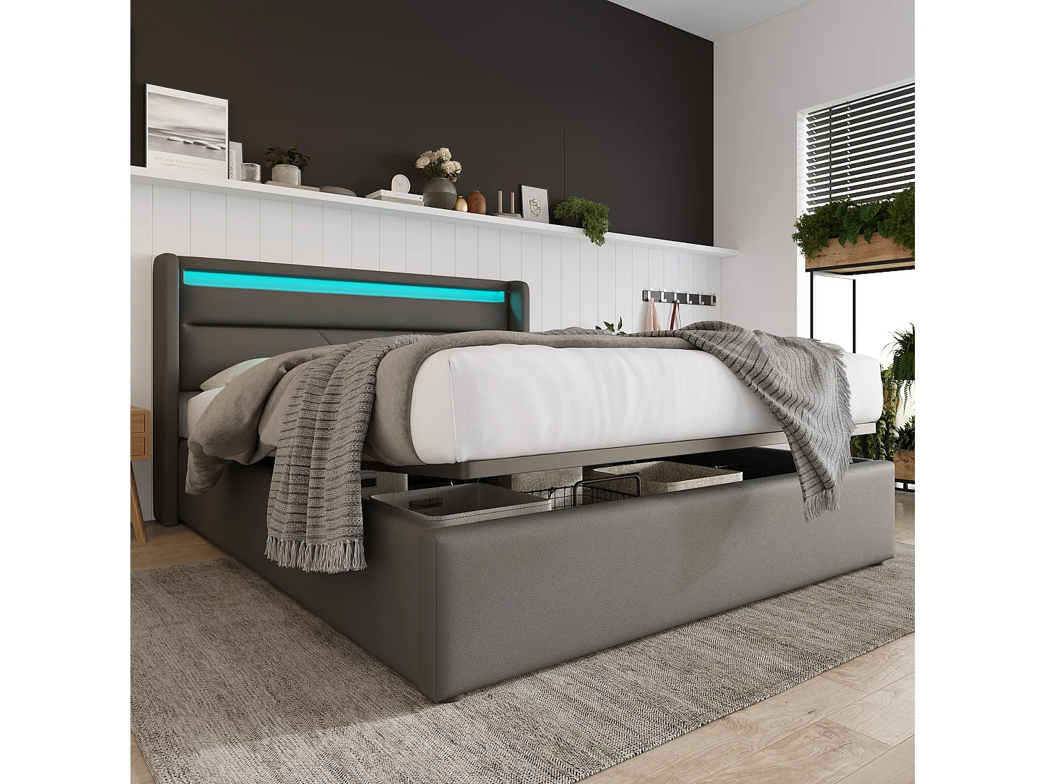 Lit Coffre Hydraulique LED 140x200cm, Cadre Rembourré PU , Télécommande Couleurs Réglables, Tissu Oxford Anti-Poussière, Blanc