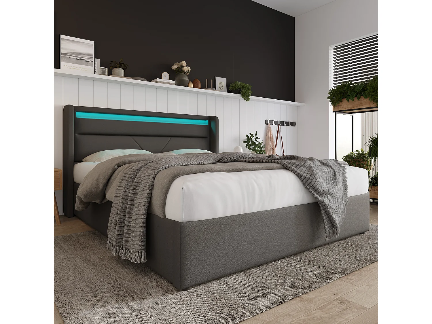 Lit Coffre Hydraulique LED 140x200cm, Cadre Rembourré PU , Télécommande Couleurs Réglables, Tissu Oxford Anti-Poussière, Blanc
