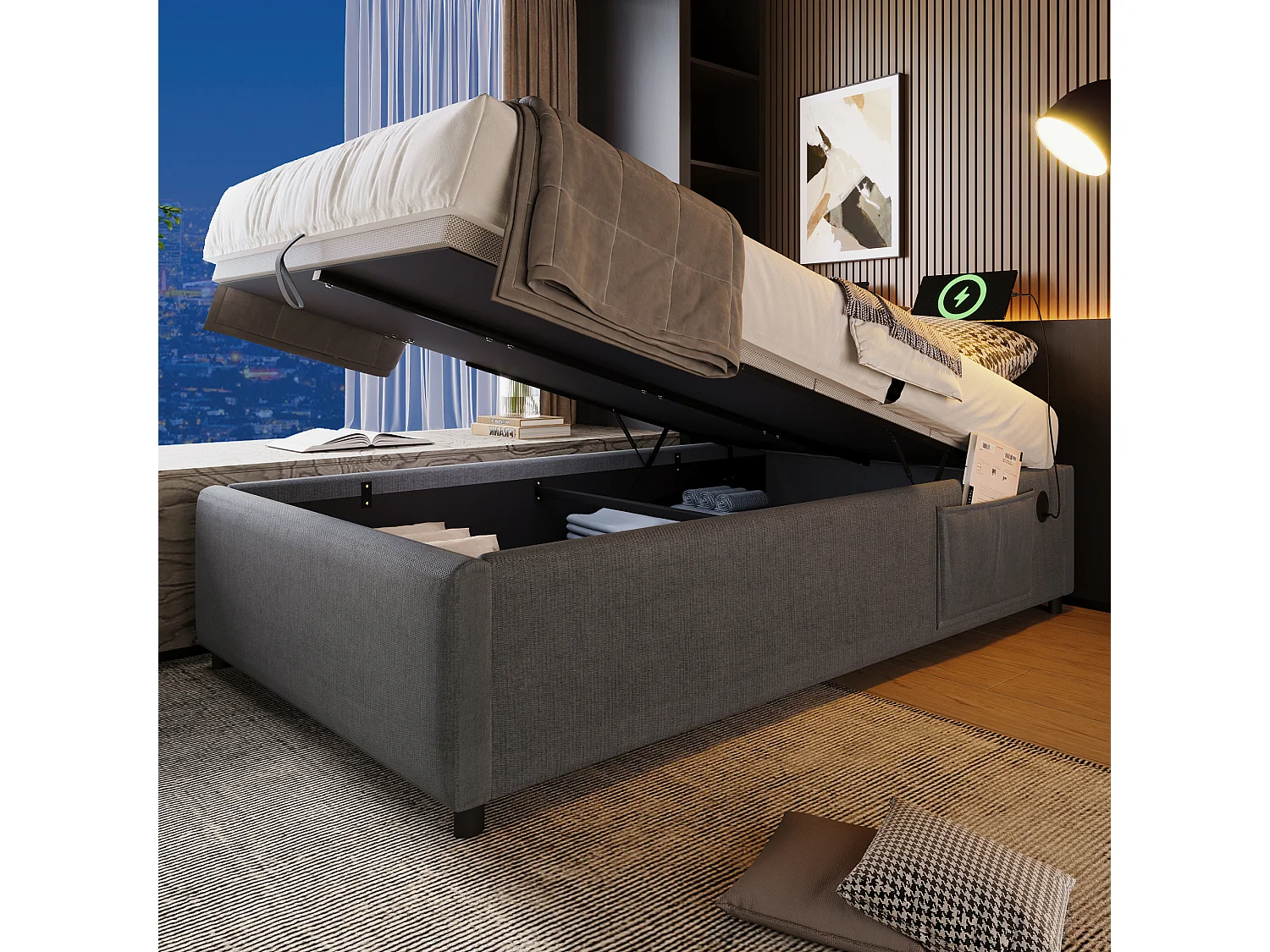 Lit Simple 90x190 cm, Coton Gris, Rangement Hydraulique, USB Type-C, Sommier Plein, Sans Tête de Lit, Sans Matelas, Stable
