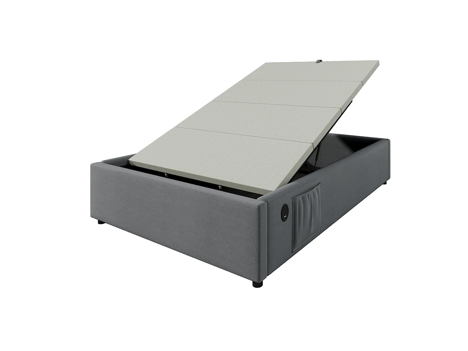 Lit Simple 90x190 cm, Coton Gris, Rangement Hydraulique, USB Type-C, Sommier Plein, Sans Tête de Lit, Sans Matelas, Stable