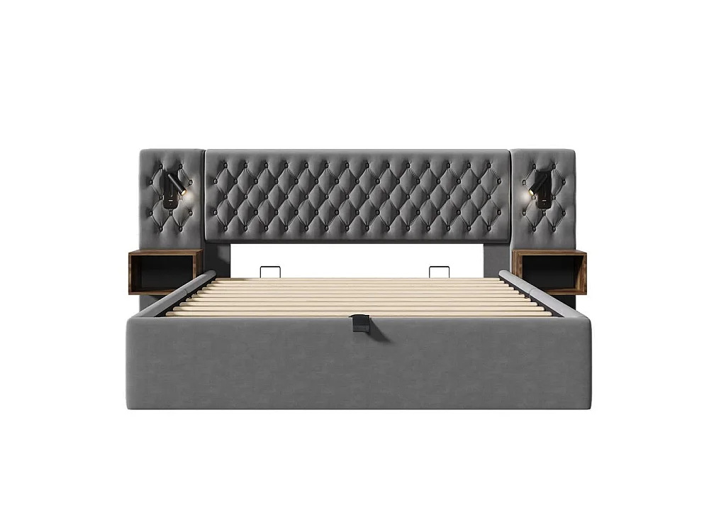 Ensemble Chambre Complète 180x200cm avec Lit Coffre Hydraulique, 2 Chevets Bois, Lampe Lecture USB, Design Rétro Élégant, Gris