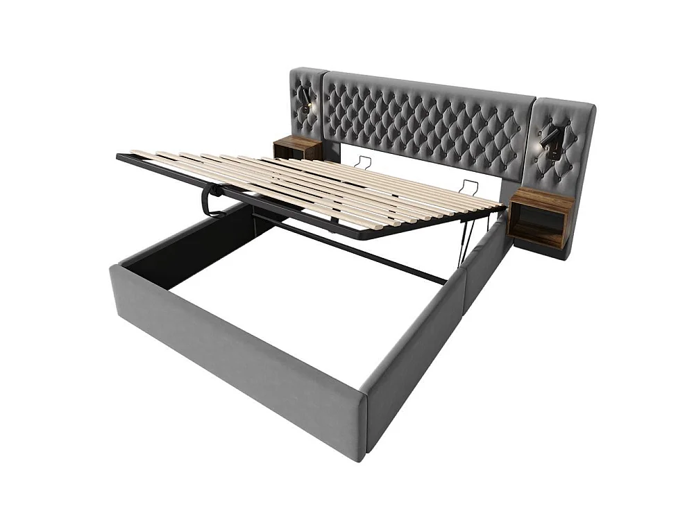 Ensemble Chambre Complète 180x200cm avec Lit Coffre Hydraulique, 2 Chevets Bois, Lampe Lecture USB, Design Rétro Élégant, Gris