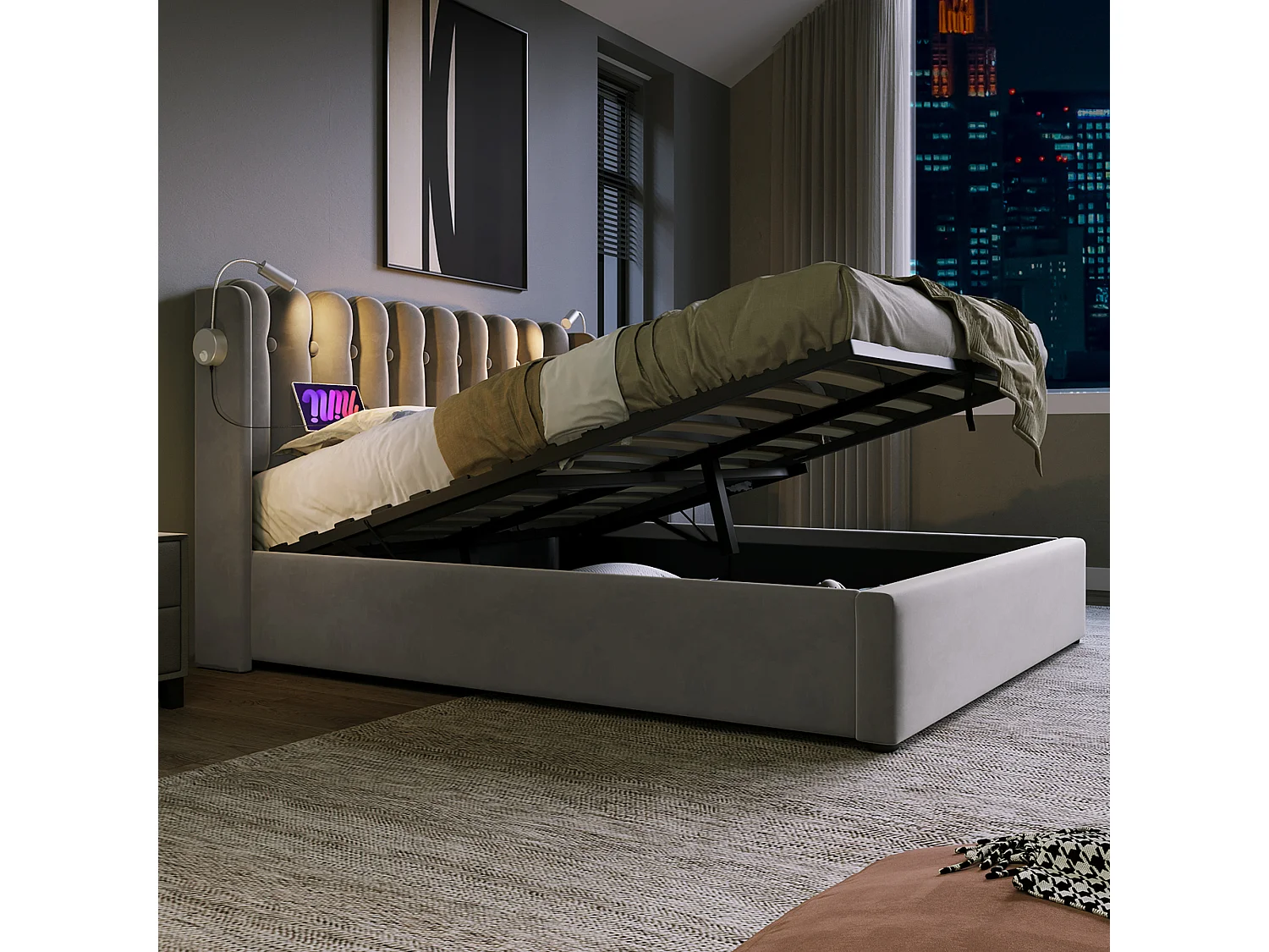 Lit 160x200 cm, Tête de Lit avec Lampe de Lecture et Port USB, Rangement Hydraulique, Velours Gris, Sans Matelas