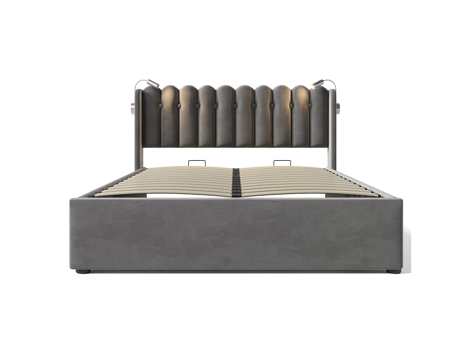 Lit 160x200 cm, Tête de Lit avec Lampe de Lecture et Port USB, Rangement Hydraulique, Velours Gris, Sans Matelas