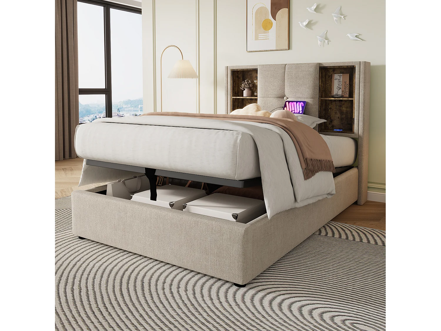Lit 90x200 Coton, Charge Sans Fil USB Type C, 4 Étagères Tête, Rangement Hydraulique Grand Volume, Latte Bois Élastique, Natural