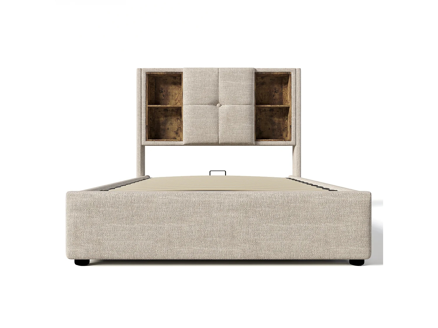 Lit 90x200 Coton, Charge Sans Fil USB Type C, 4 Étagères Tête, Rangement Hydraulique Grand Volume, Latte Bois Élastique, Natural