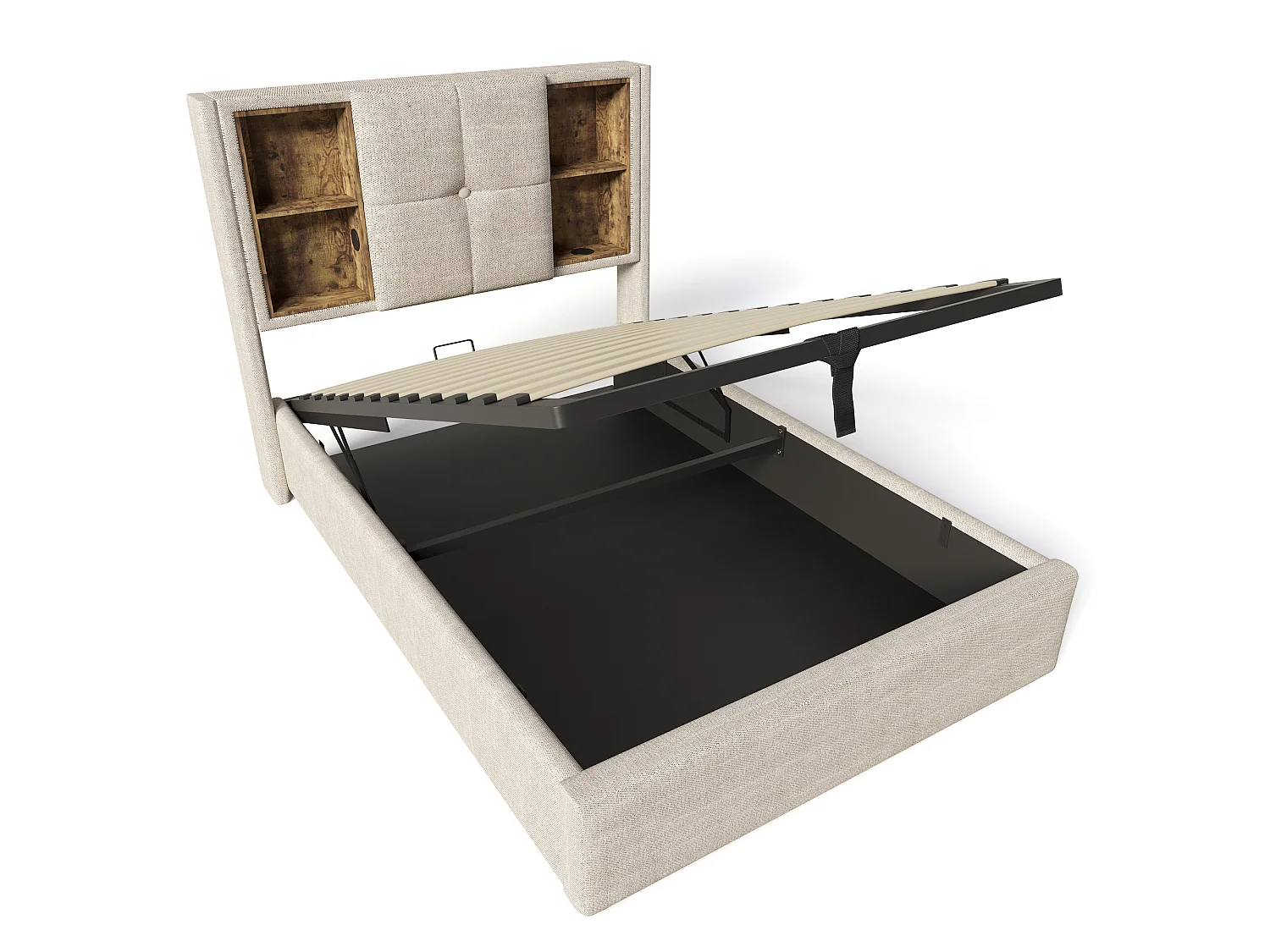 Lit 90x200 Coton, Charge Sans Fil USB Type C, 4 Étagères Tête, Rangement Hydraulique Grand Volume, Latte Bois Élastique, Natural
