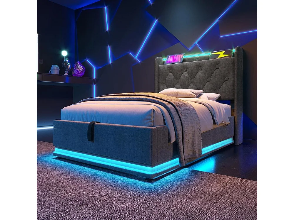 Lit Simple 90x200 cm, LED 360, APP, Télécommande, Lin, Hydraulique, Rangement, USB Type C, Tête, Sans Matelas, Gris