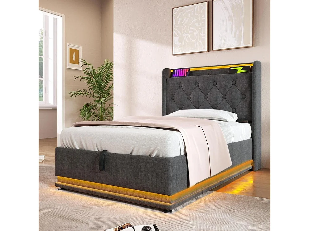 Lit Simple 90x200 cm, LED 360, APP, Télécommande, Lin, Hydraulique, Rangement, USB Type C, Tête, Sans Matelas, Gris