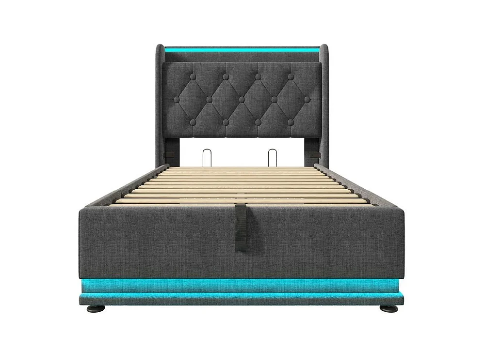 Lit Simple 90x200 cm, LED 360, APP, Télécommande, Lin, Hydraulique, Rangement, USB Type C, Tête, Sans Matelas, Gris