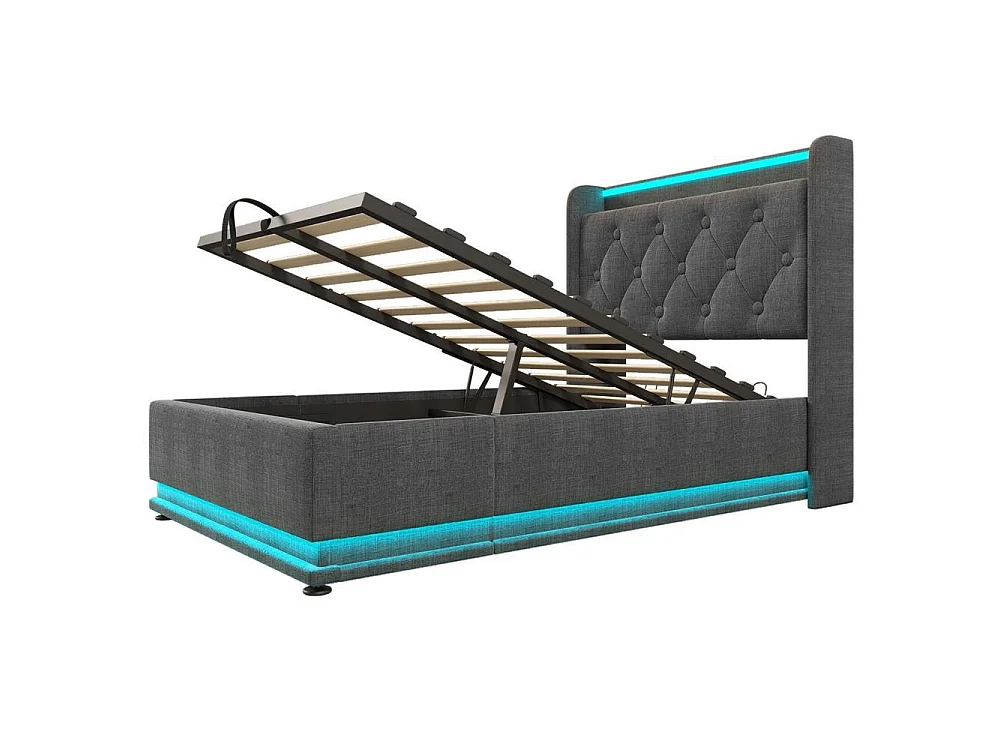 Lit Simple 90x200 cm, LED 360, APP, Télécommande, Lin, Hydraulique, Rangement, USB Type C, Tête, Sans Matelas, Gris