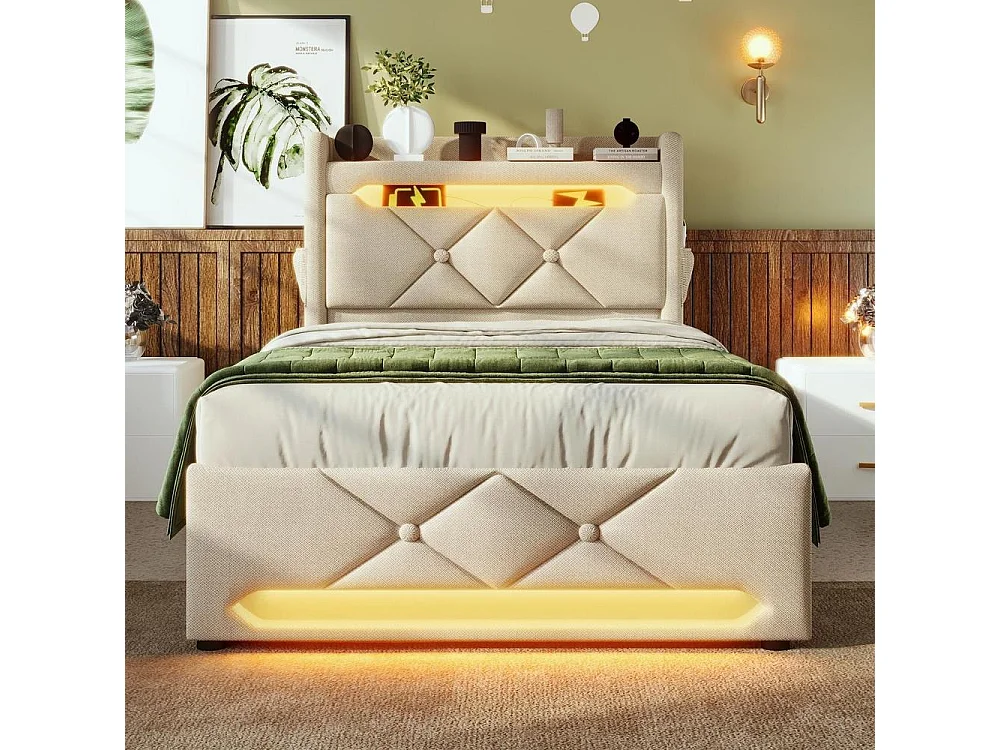 Lit simple rembourré 90x200 cm avec LED 360° et rangement hydraulique, tête de lit avec ports USB-C, lin beige, sans matelas