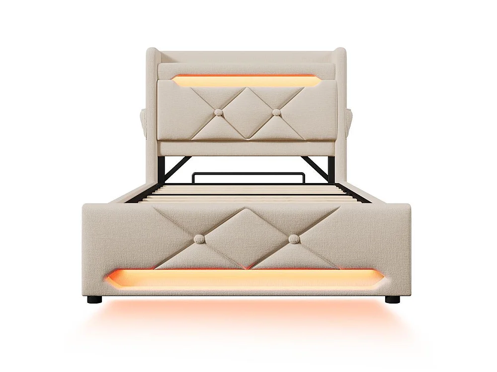 Lit simple rembourré 90x200 cm avec LED 360° et rangement hydraulique, tête de lit avec ports USB-C, lin beige, sans matelas