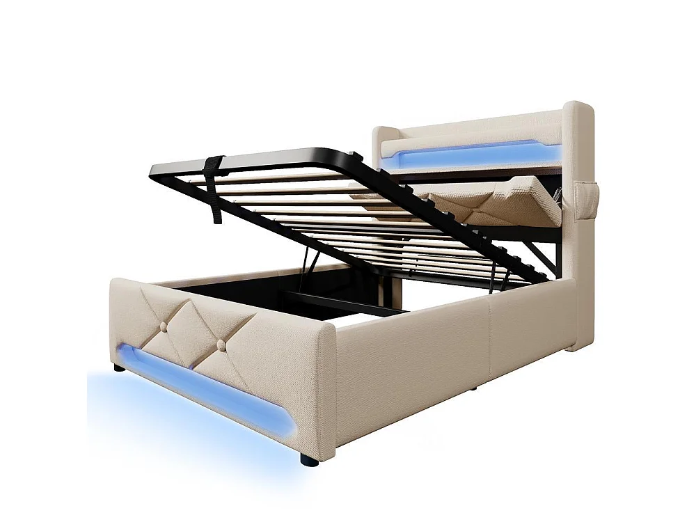 Lit simple rembourré 90x200 cm avec LED 360° et rangement hydraulique, tête de lit avec ports USB-C, lin beige, sans matelas