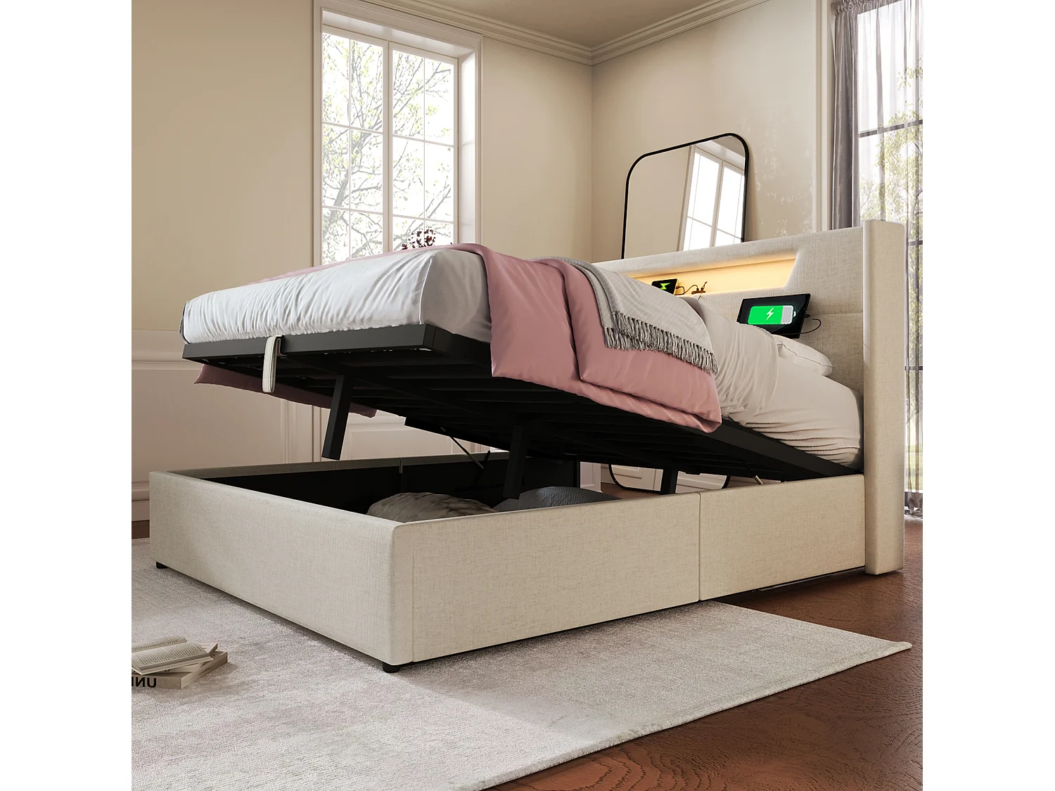Lit double 140x200 cm, LED RGB, USB Type-C, rangement hydraulique, cadre fer, sommier inclus, sans matelas, lin beige