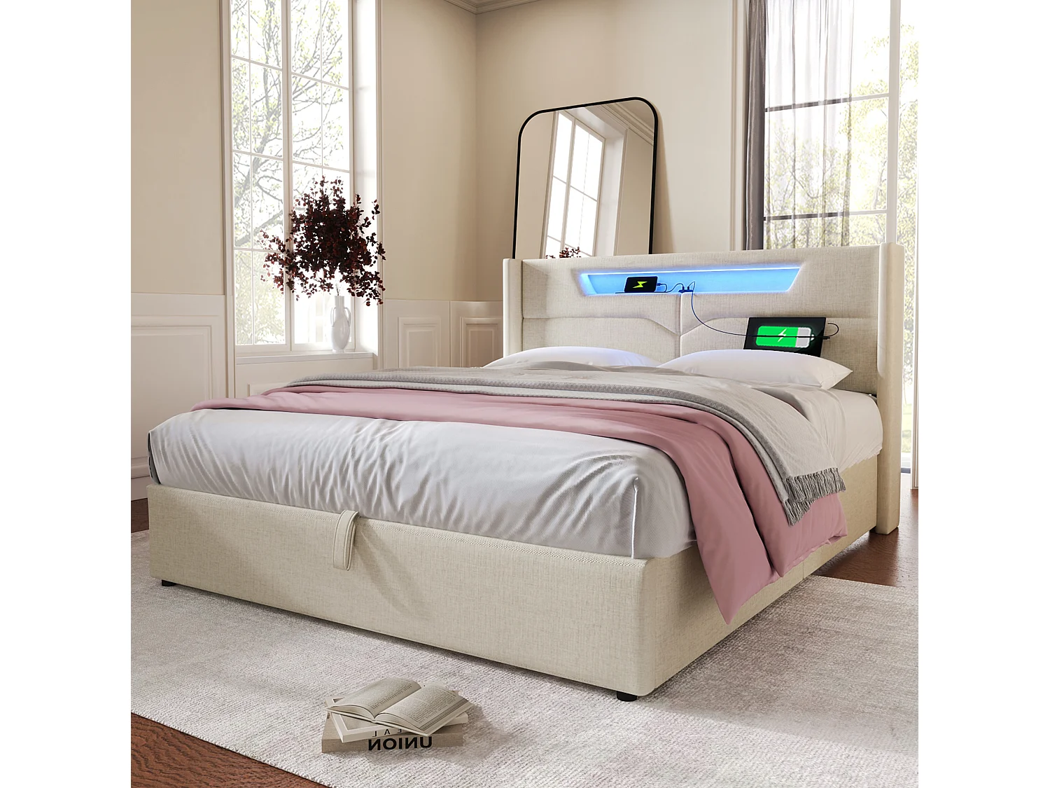 Lit double 140x200 cm, LED RGB, USB Type-C, rangement hydraulique, cadre fer, sommier inclus, sans matelas, lin beige