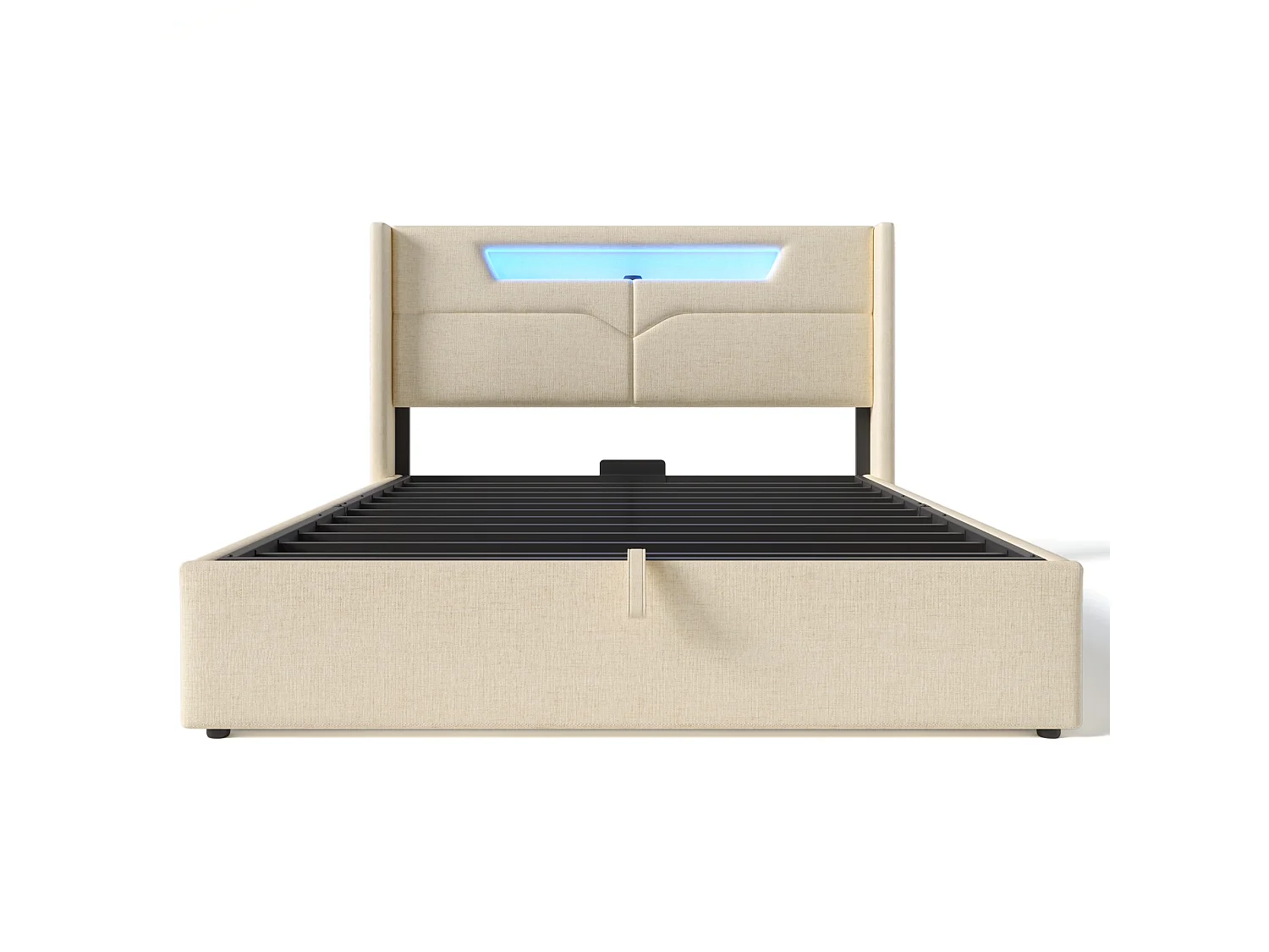 Lit double 140x200 cm, LED RGB, USB Type-C, rangement hydraulique, cadre fer, sommier inclus, sans matelas, lin beige