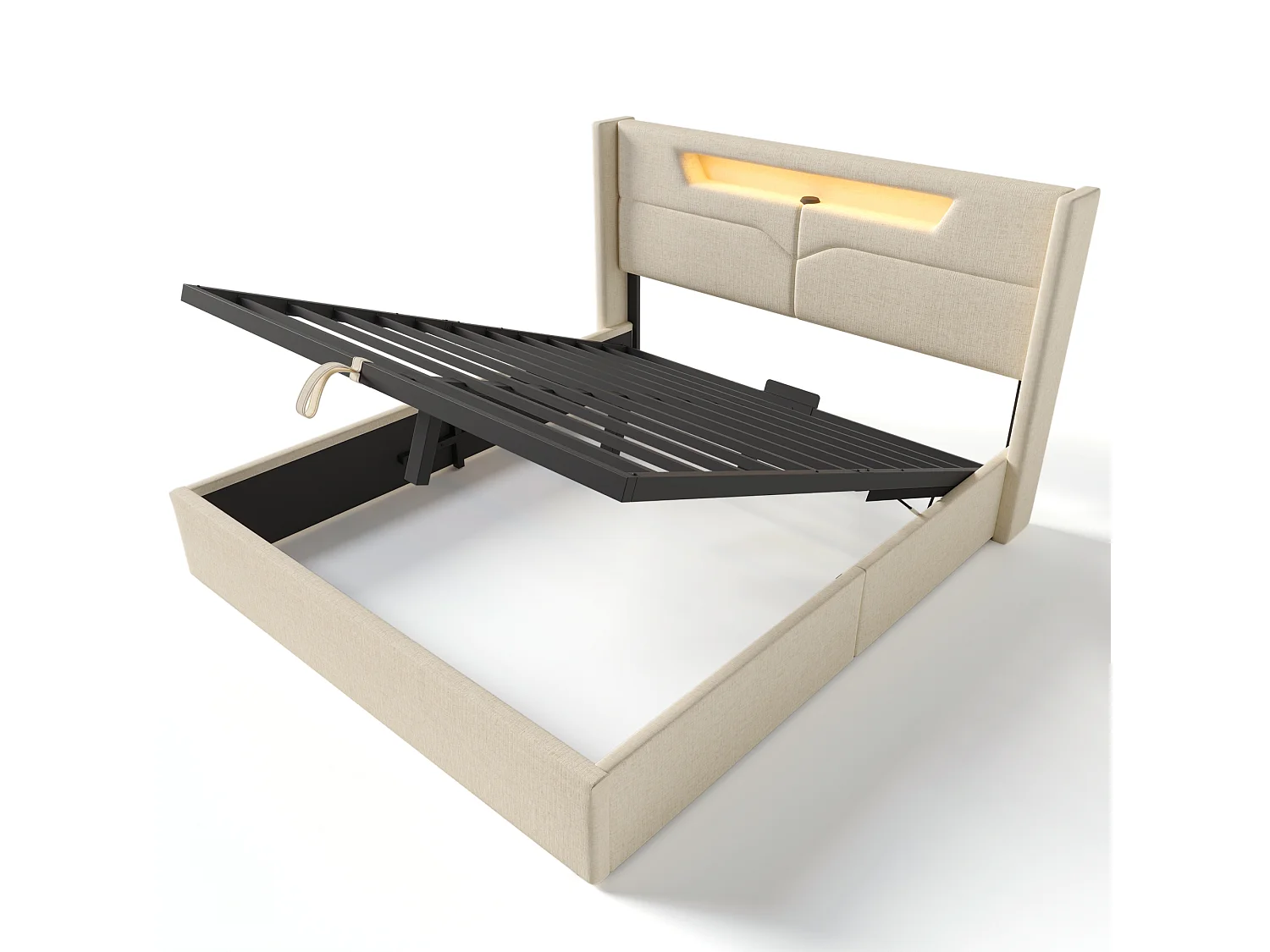 Lit double 140x200 cm, LED RGB, USB Type-C, rangement hydraulique, cadre fer, sommier inclus, sans matelas, lin beige