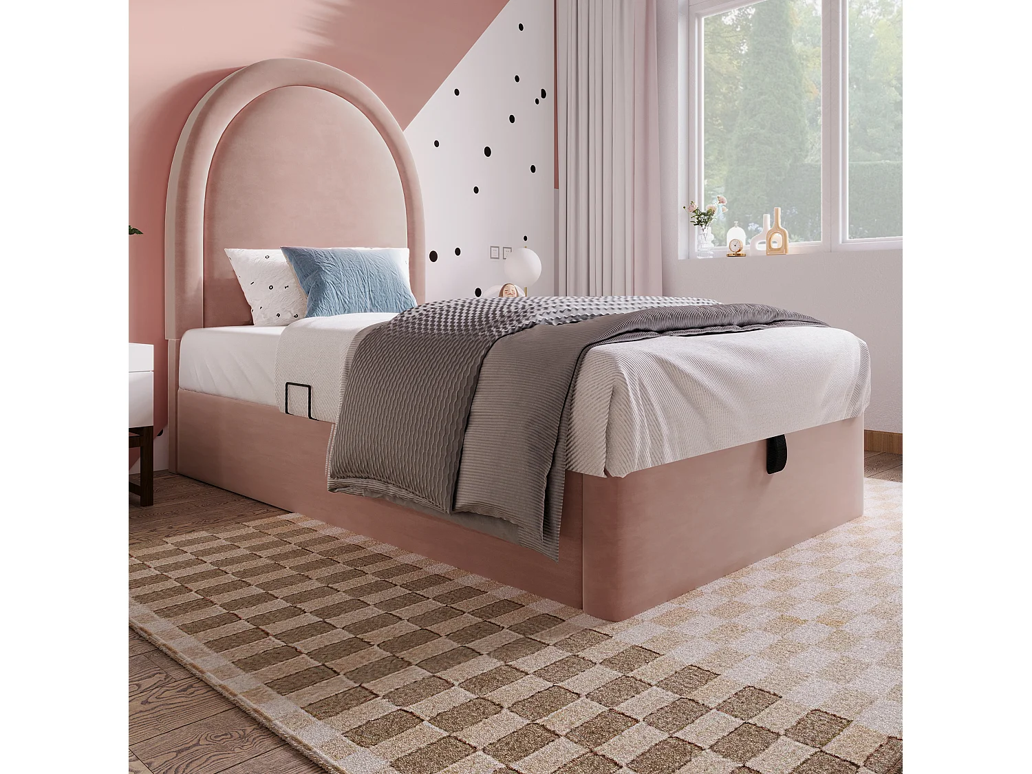 Lit Enfant 90x190 cm, Velours, Rangement Hydraulique, Sommier à Lattes Inclus, Sans Matelas, Rose