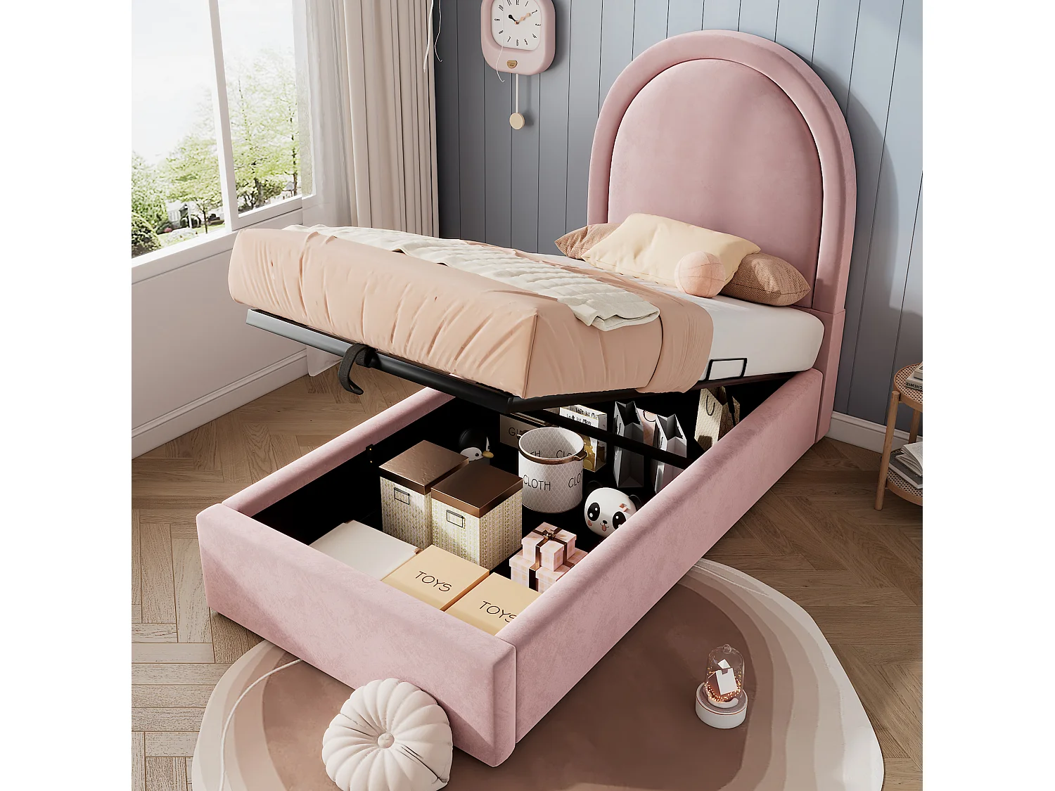 Lit Enfant 90x190 cm, Velours, Rangement Hydraulique, Sommier à Lattes Inclus, Sans Matelas, Rose