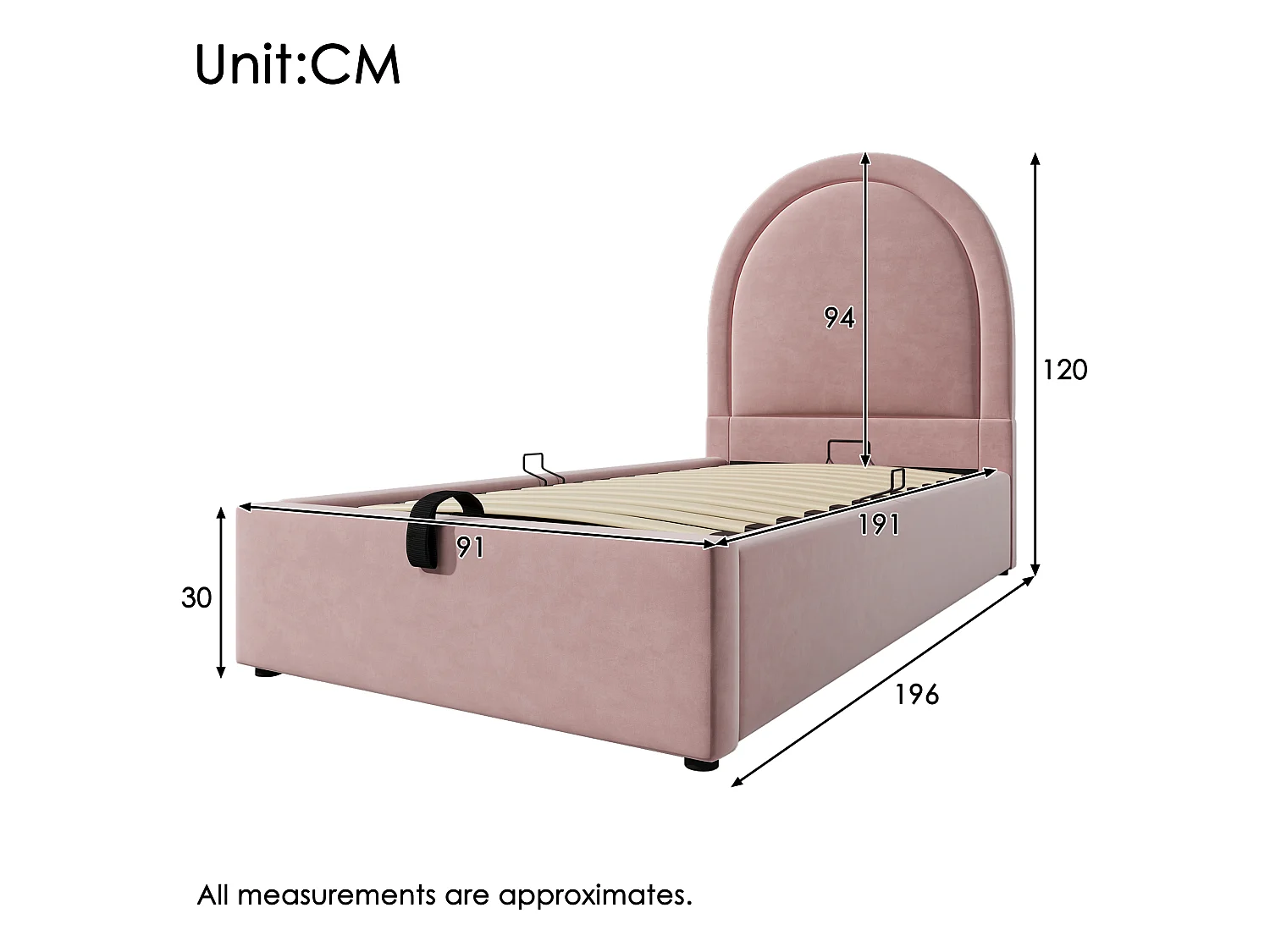 Lit Enfant 90x190 cm, Velours, Rangement Hydraulique, Sommier à Lattes Inclus, Sans Matelas, Rose