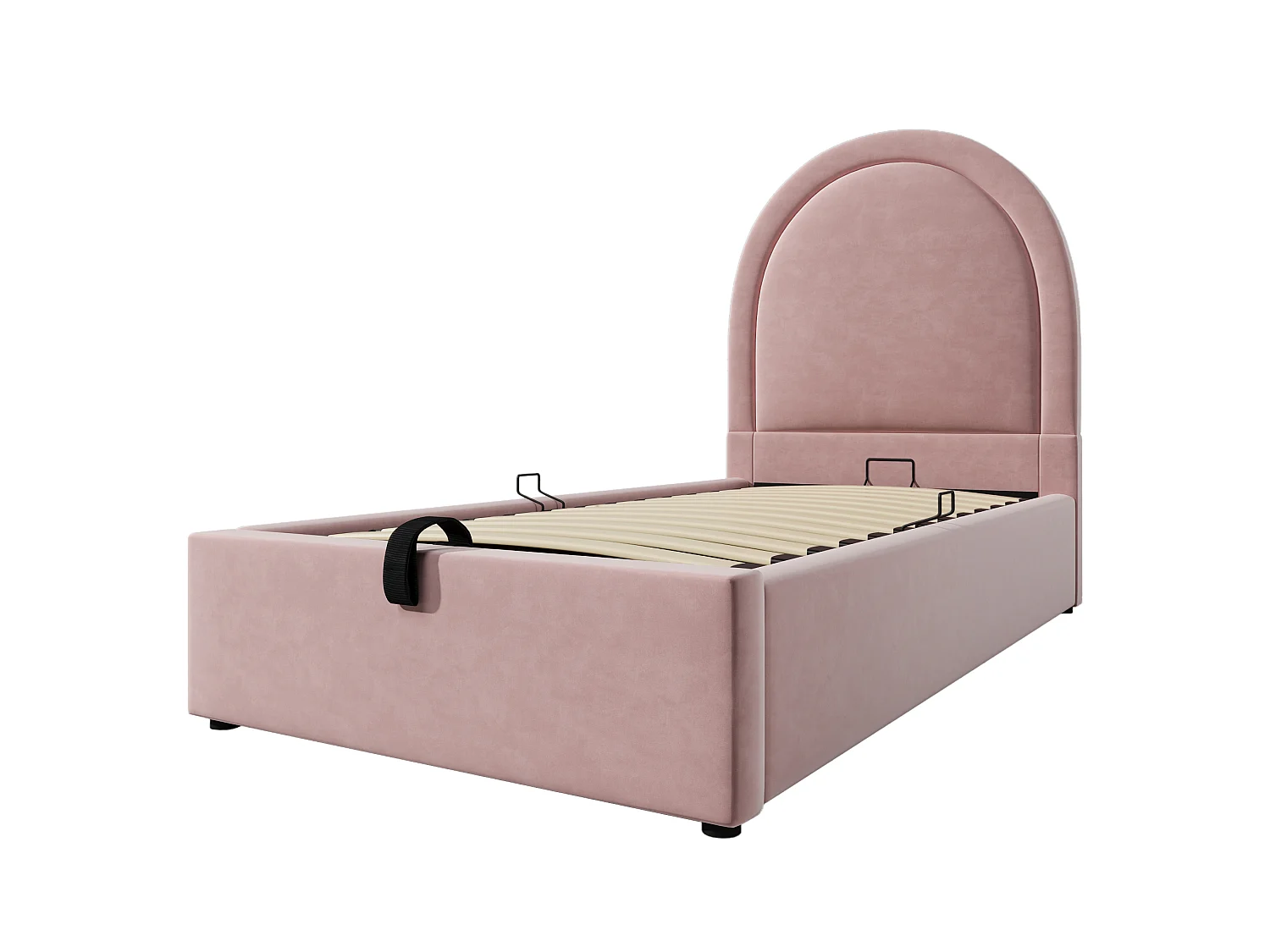Lit Enfant 90x190 cm, Velours, Rangement Hydraulique, Sommier à Lattes Inclus, Sans Matelas, Rose