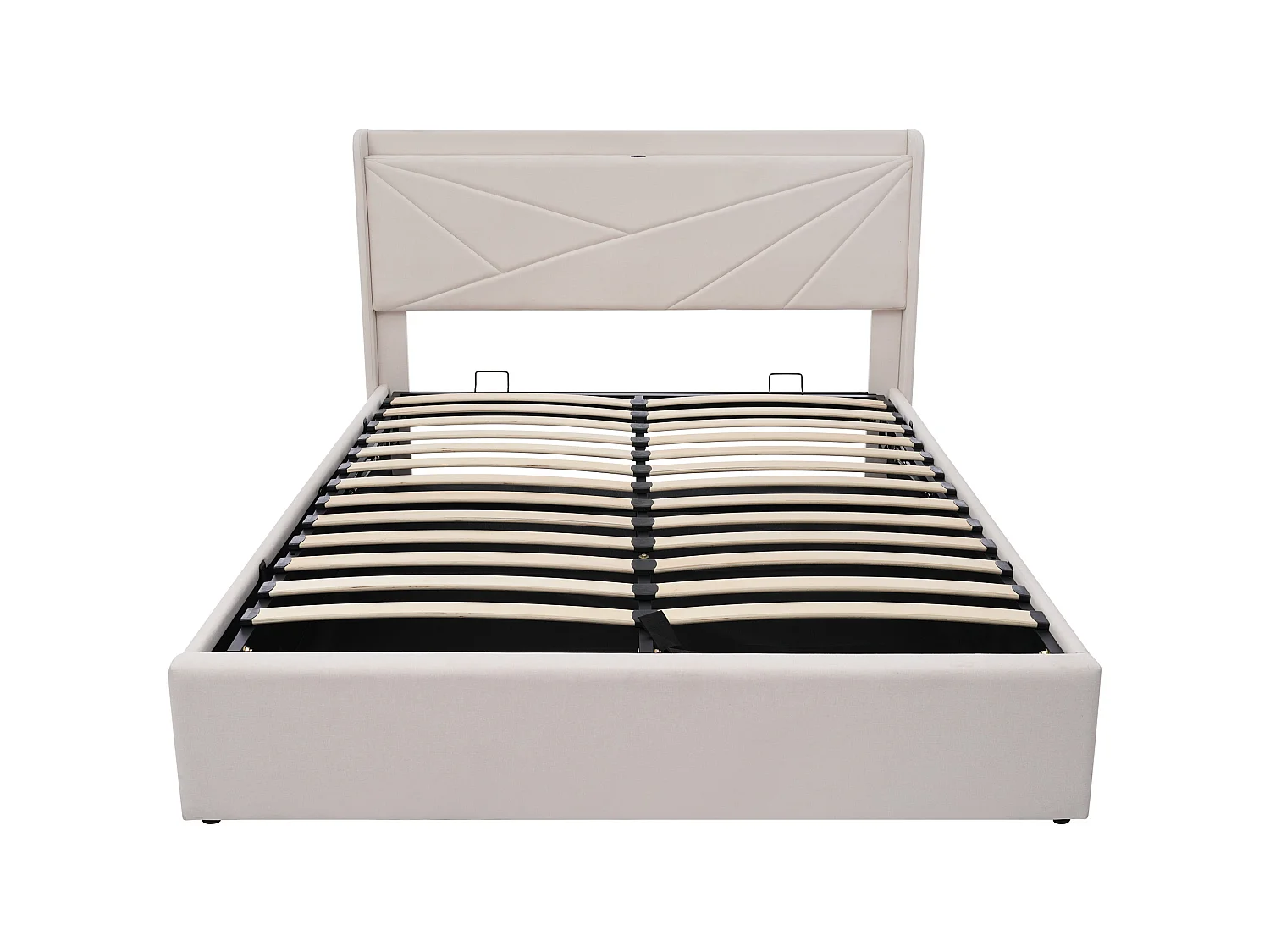 Lit 140x200 cm, Tête de Lit avec USB Type C, Rangement Hydraulique, Lin, Sommier à Lattes Inclus, Sans Matelas, Beige