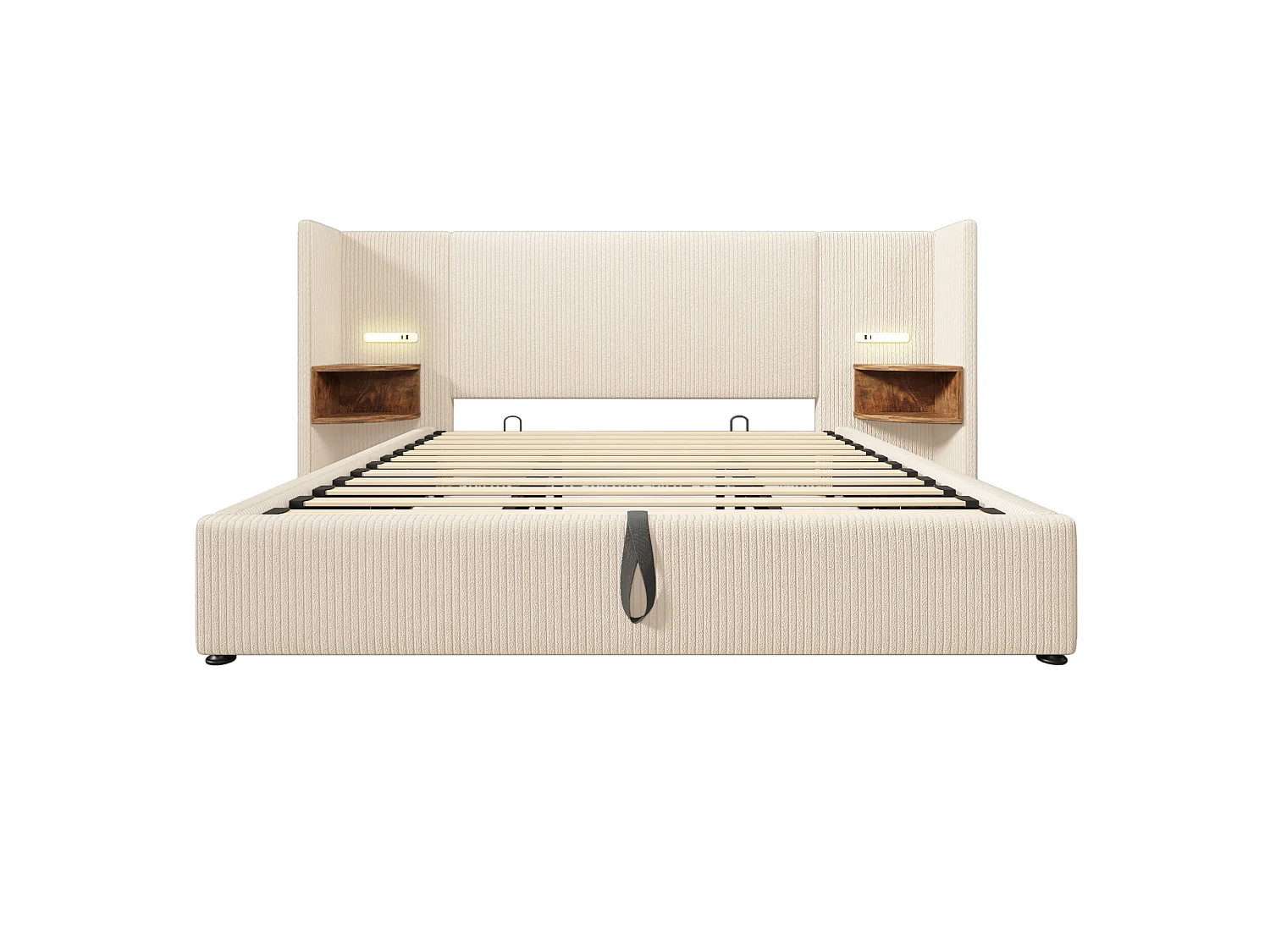 Lit 180x200 cm, Ensemble avec 2 Tables de Nuit, Lampe de Lecture avec USB Type C, Rangement Hydraulique, Velours Coton Beige Blanc