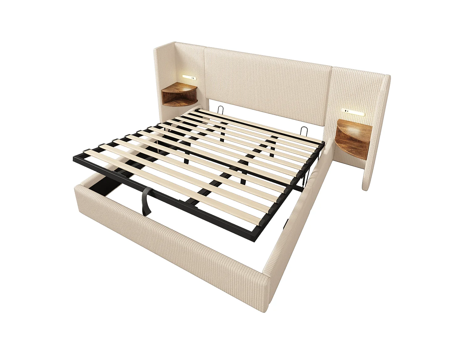 Lit 180x200 cm, Ensemble avec 2 Tables de Nuit, Lampe de Lecture avec USB Type C, Rangement Hydraulique, Velours Coton Beige Blanc