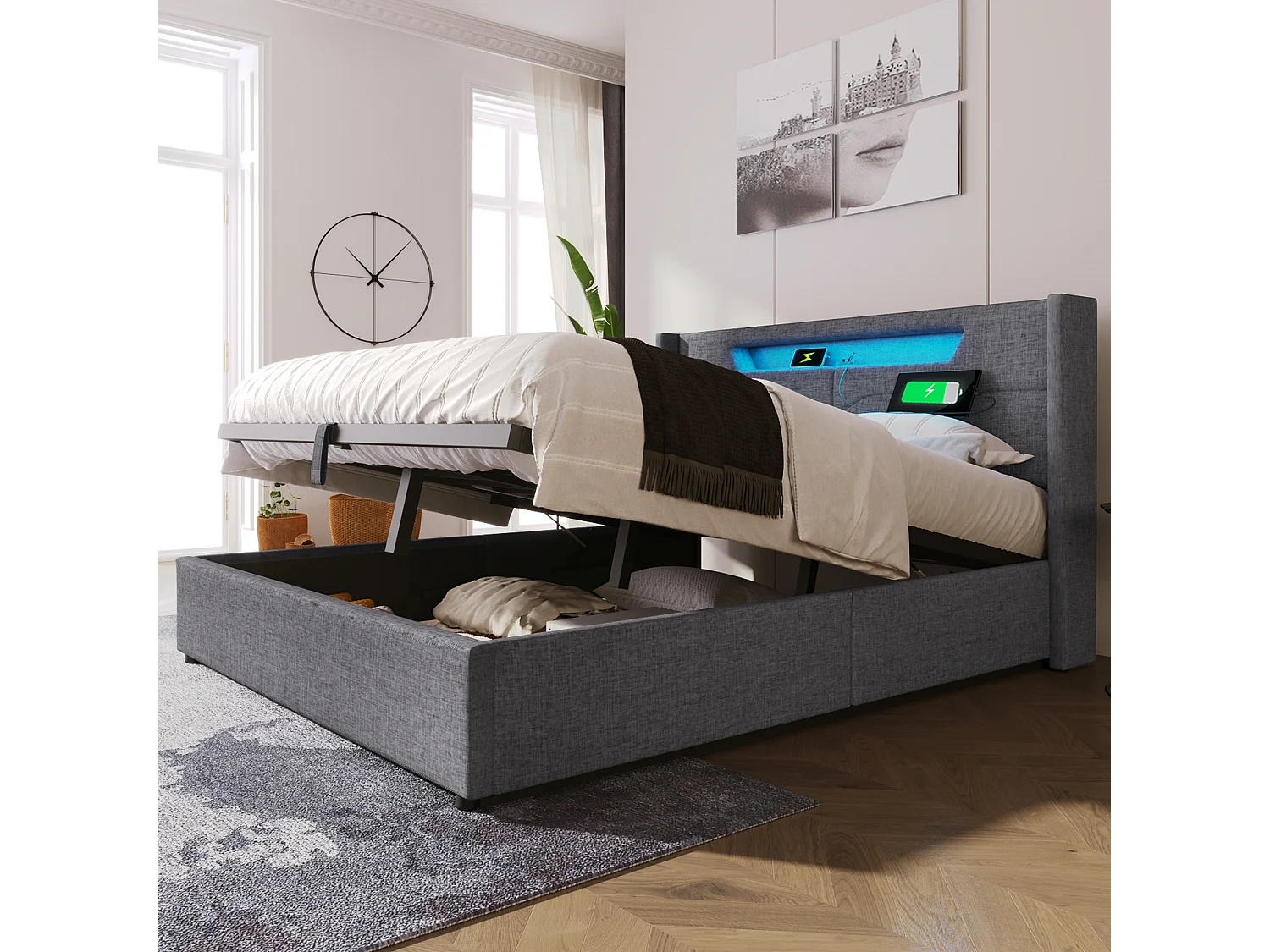 Lit double 140x200 cm, LED RGB, USB Type-C, rangement hydraulique, cadre fer, sommier inclus, sans matelas, lin gris