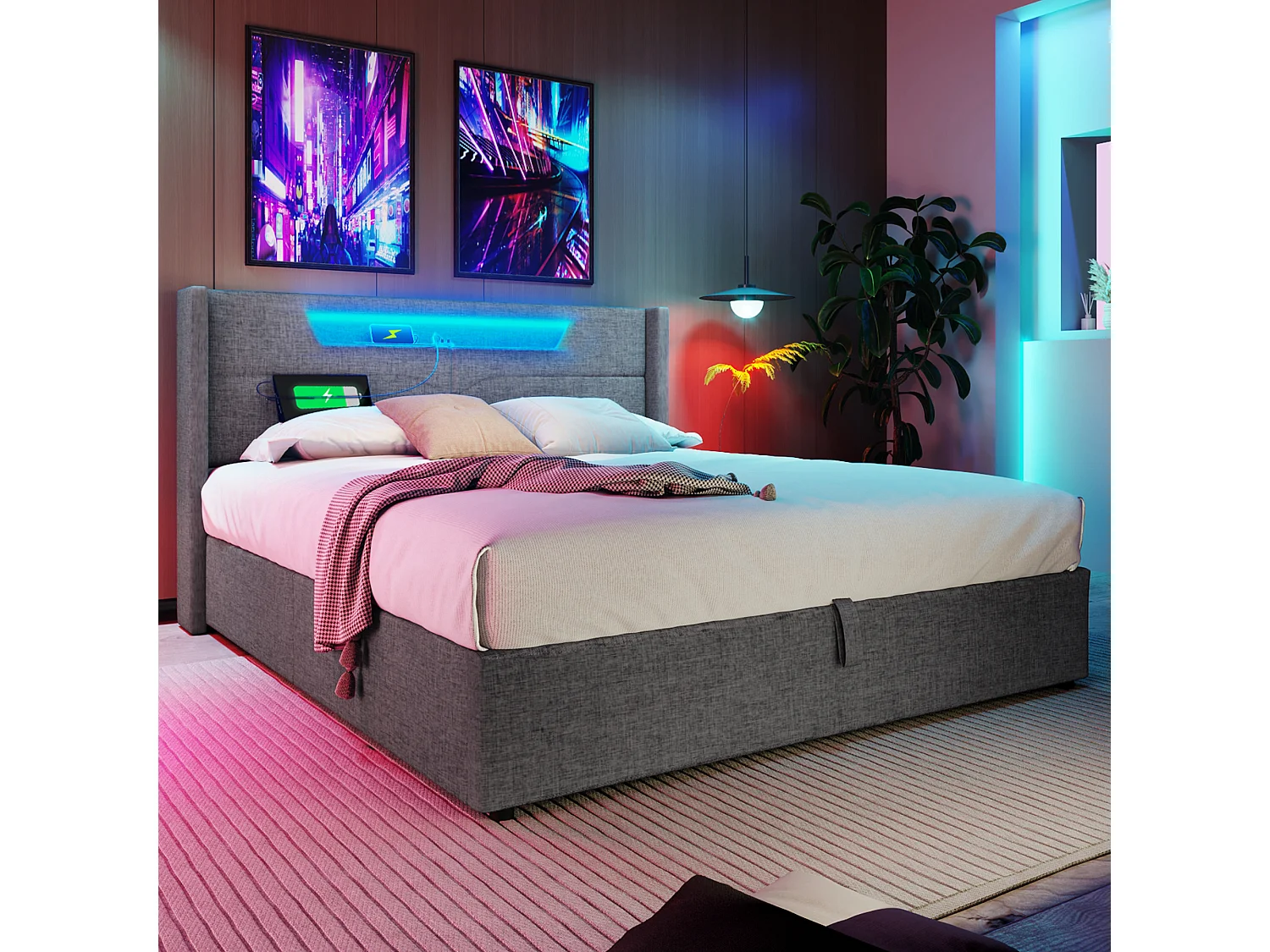 Lit double 140x200 cm, LED RGB, USB Type-C, rangement hydraulique, cadre fer, sommier inclus, sans matelas, lin gris