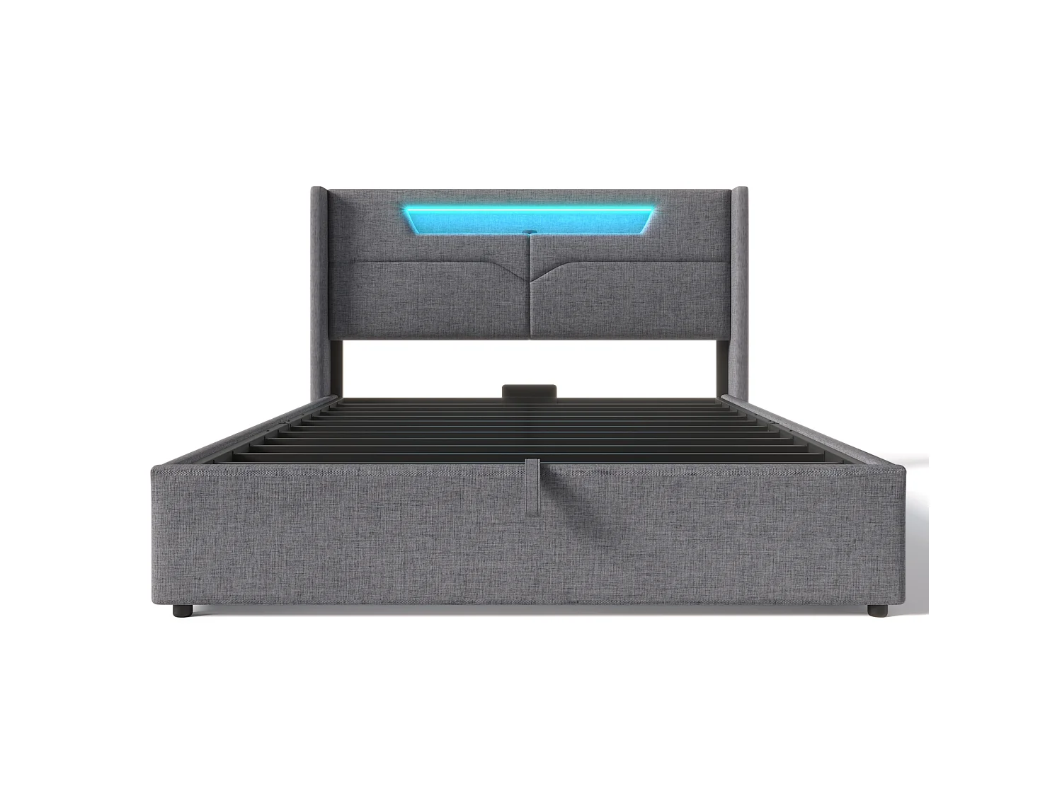 Lit double 140x200 cm, LED RGB, USB Type-C, rangement hydraulique, cadre fer, sommier inclus, sans matelas, lin gris