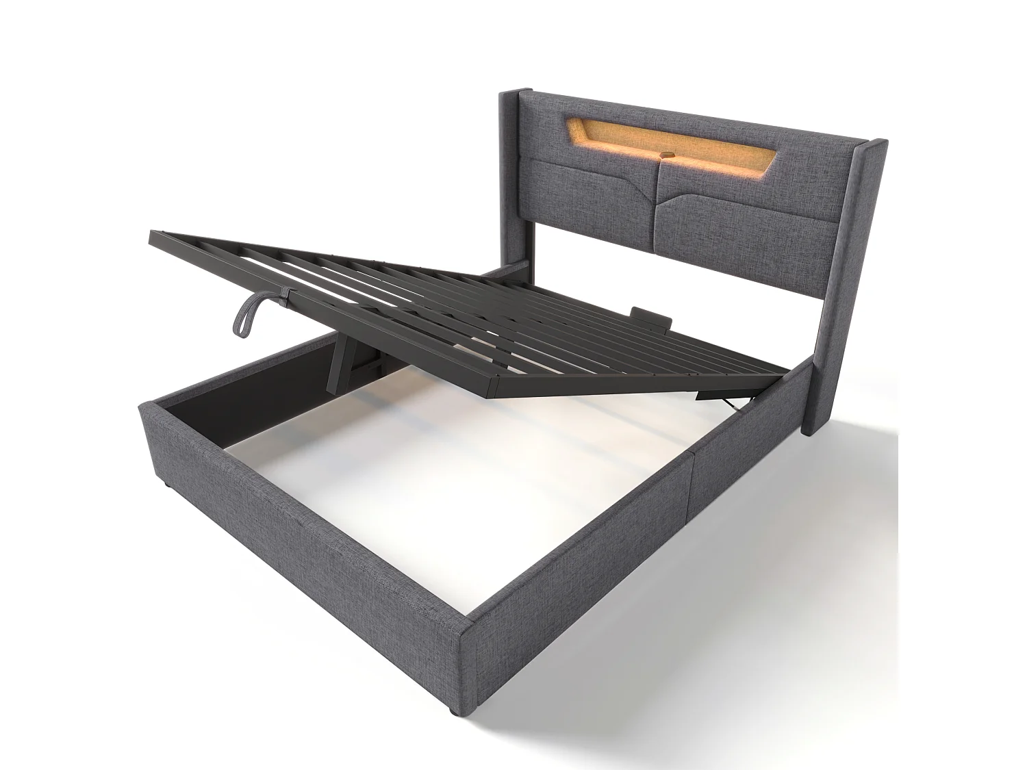 Lit double 140x200 cm, LED RGB, USB Type-C, rangement hydraulique, cadre fer, sommier inclus, sans matelas, lin gris