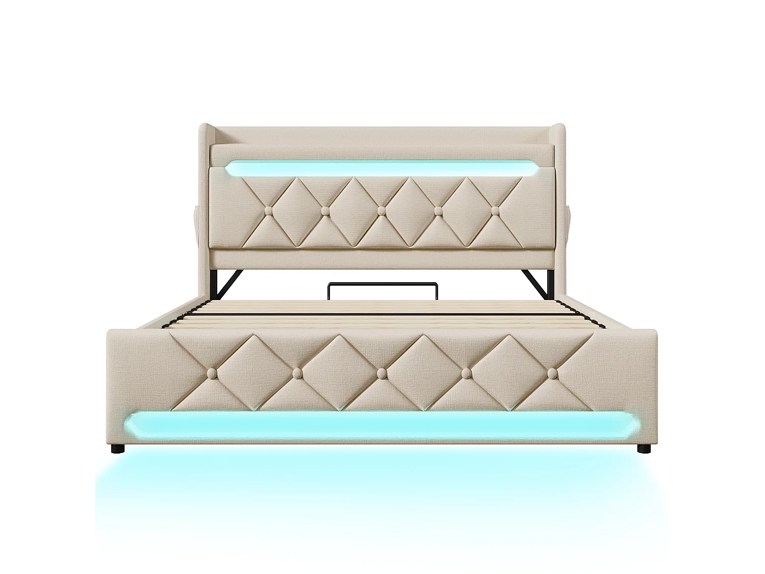 Lit Double 180x200cm Lin, LED 360° RGB App-Control, Têtière USB+Type-C, Rangement Hydraulique, Cadre Fer 661lbs, Sans Matelas, Beige
