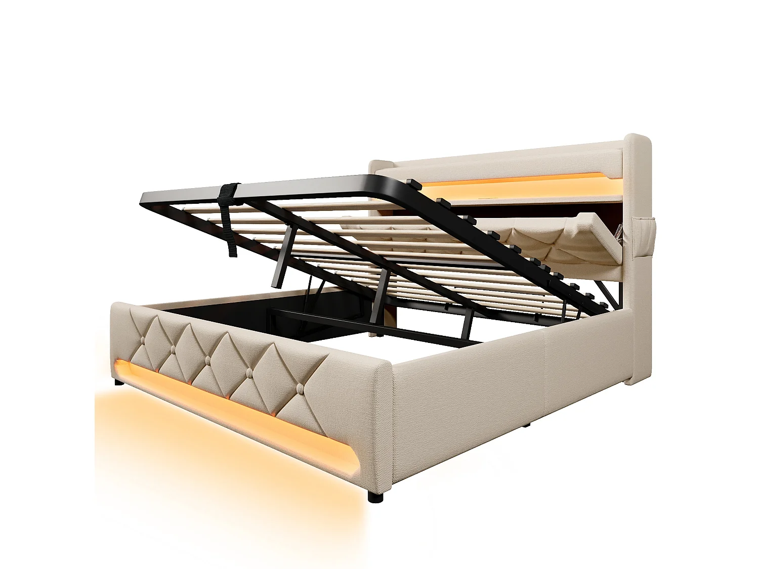 Lit Double 180x200cm Lin, LED 360° RGB App-Control, Têtière USB+Type-C, Rangement Hydraulique, Cadre Fer 661lbs, Sans Matelas, Beige
