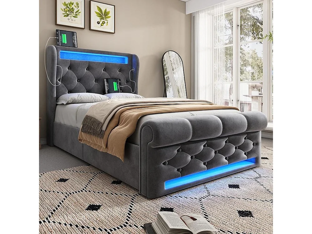 Lit Simple 90x200 cm, Velours Gris, LED 360, APP, Télécommande, USB Type C, Hydraulique, Rangement, Tête, Sans Matelas