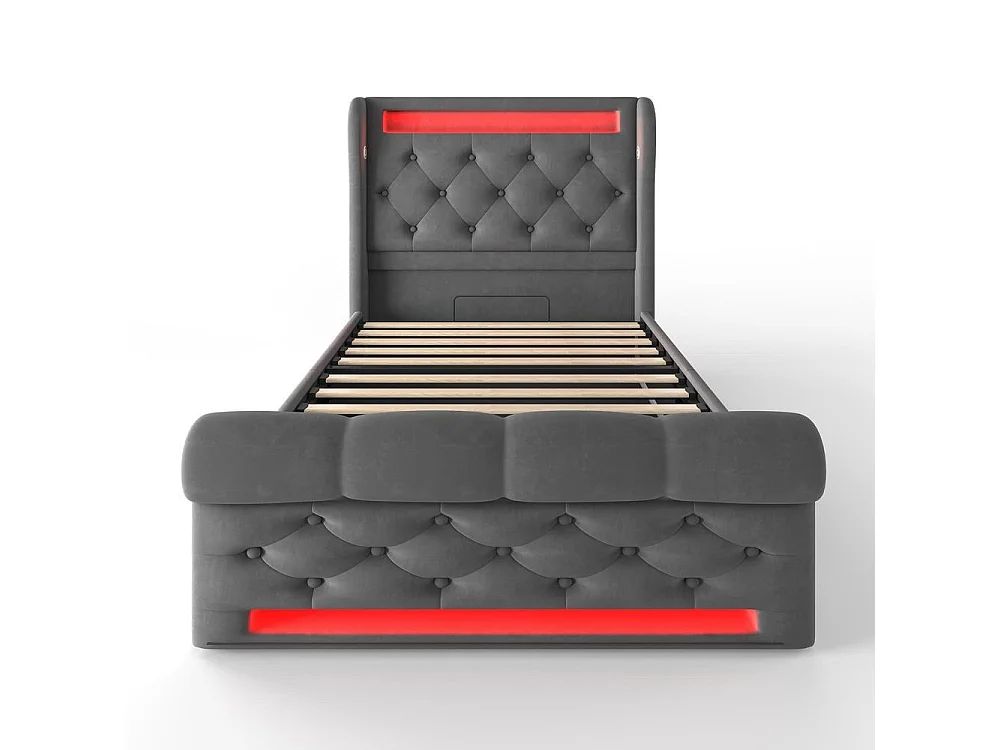Lit Simple 90x200 cm, Velours Gris, LED 360, APP, Télécommande, USB Type C, Hydraulique, Rangement, Tête, Sans Matelas
