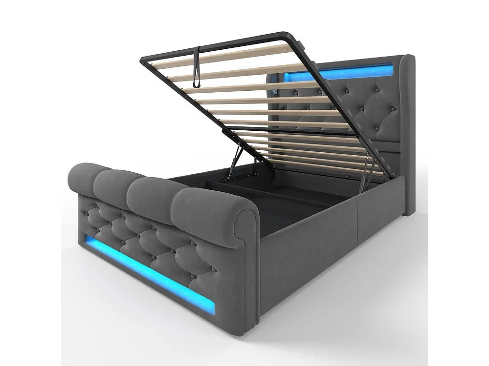 Lit Simple 90x200 cm, Velours Gris, LED 360, APP, Télécommande, USB Type C, Hydraulique, Rangement, Tête, Sans Matelas