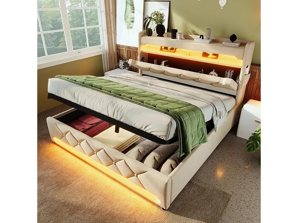 Lit simple rembourré 160x200 cm avec LED 360° et rangement hydraulique, tête de lit avec ports USB-C, lin beige, sans matelas