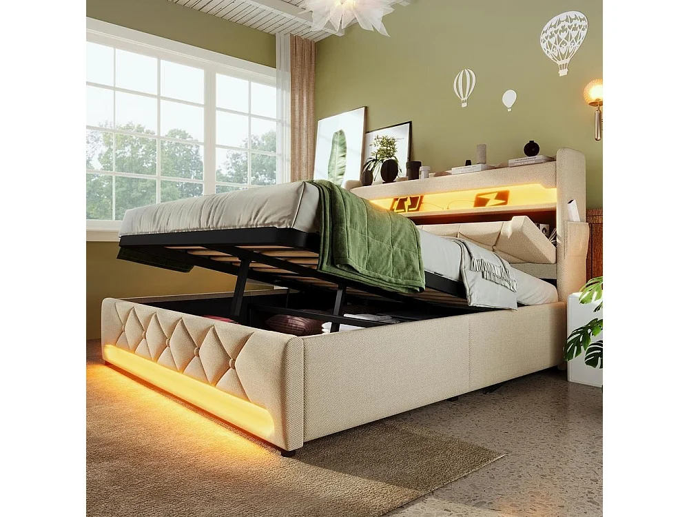 Lit simple rembourré 160x200 cm avec LED 360° et rangement hydraulique, tête de lit avec ports USB-C, lin beige, sans matelas