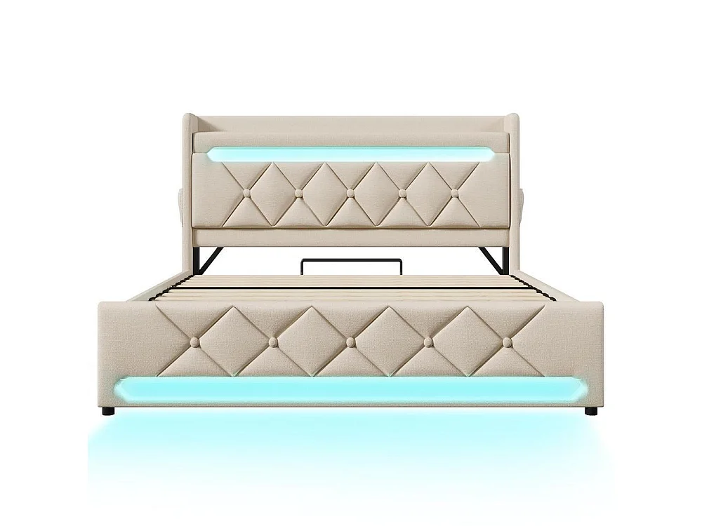 Lit simple rembourré 160x200 cm avec LED 360° et rangement hydraulique, tête de lit avec ports USB-C, lin beige, sans matelas